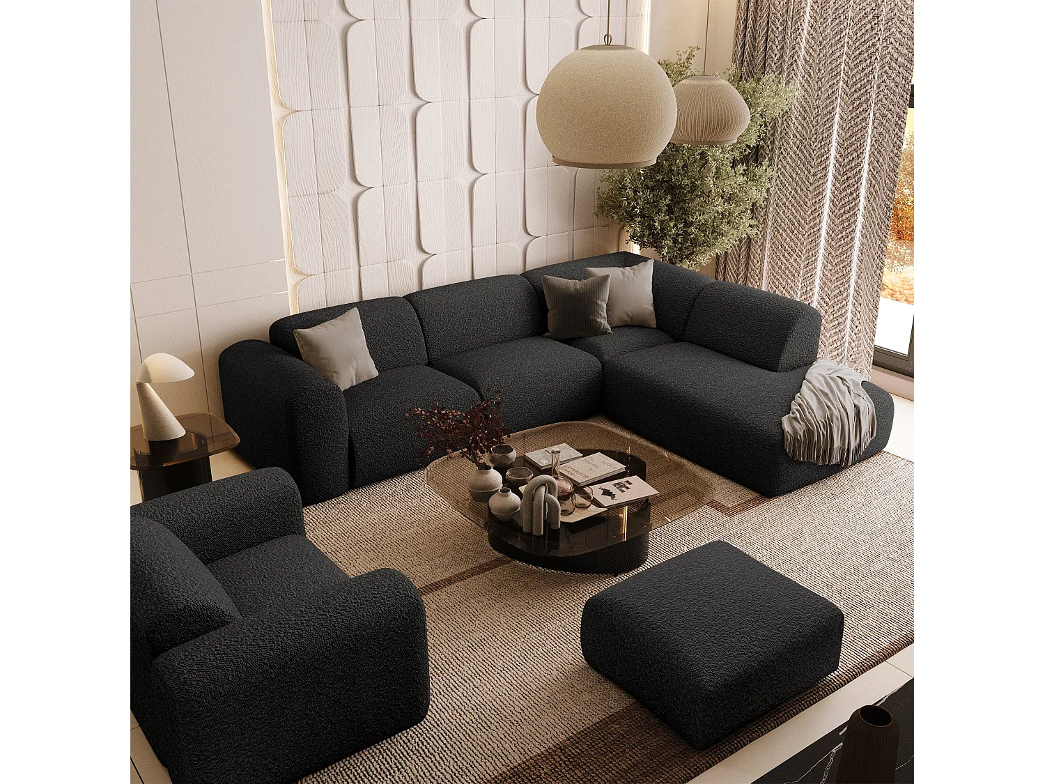 Canapé grand angle droit  5 places MYRA en tissu bouclette anthracite foncé