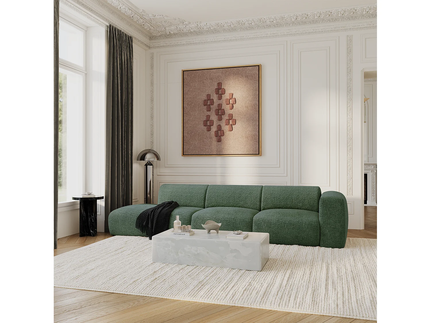 Canapé droit 5 places velours à motifs vert émeraude 310cm MYRA