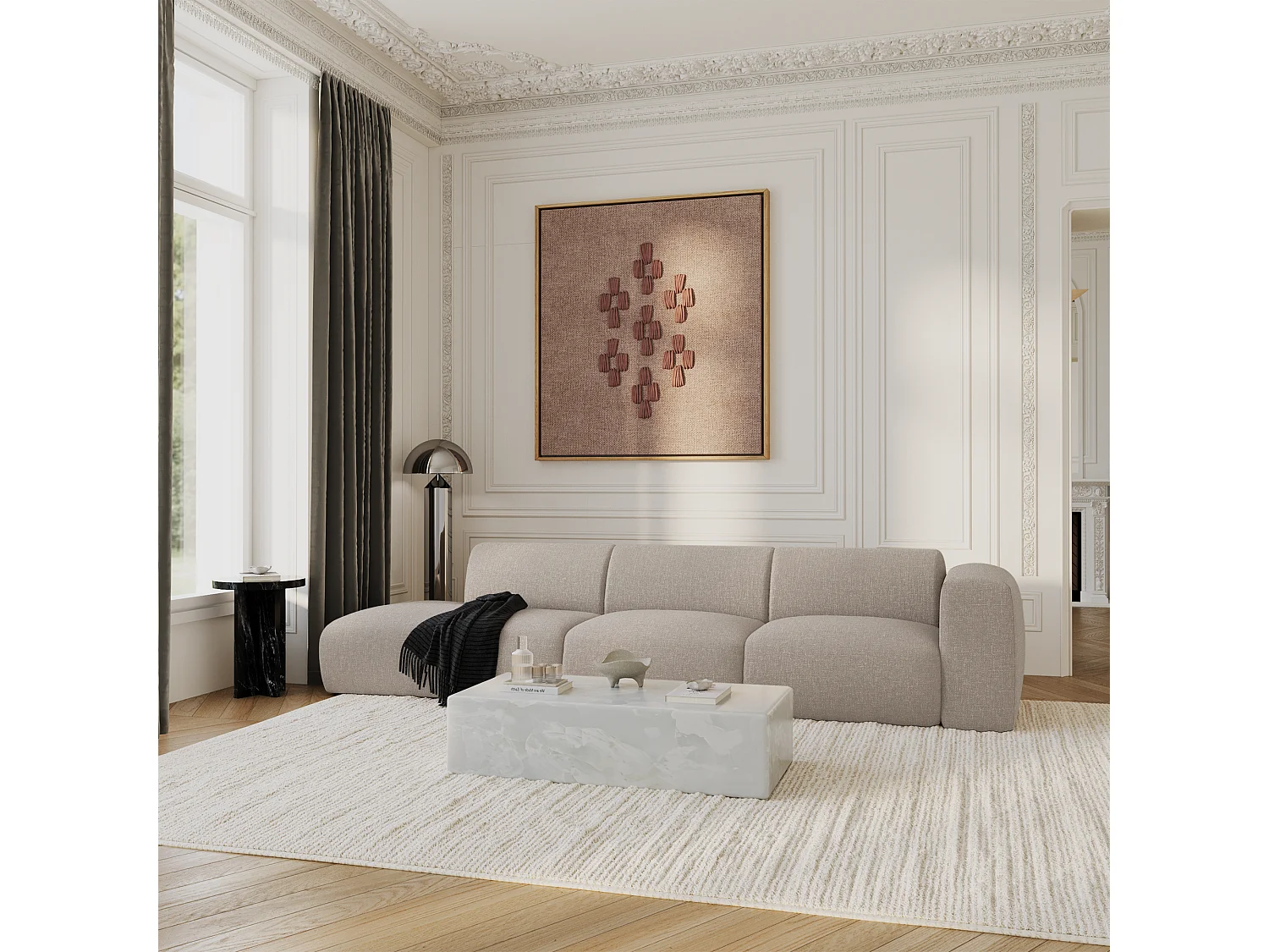 Canapé droit 5 places tissu tramé beige 310cm MYRA