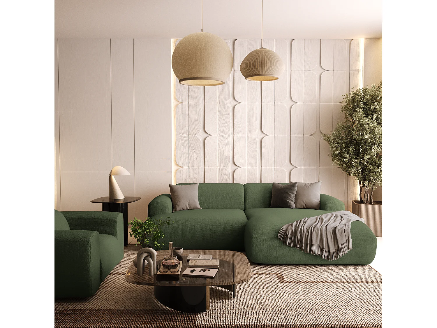 Canapé d'angle droit 4 places MYRA en tissu tramé vert olive