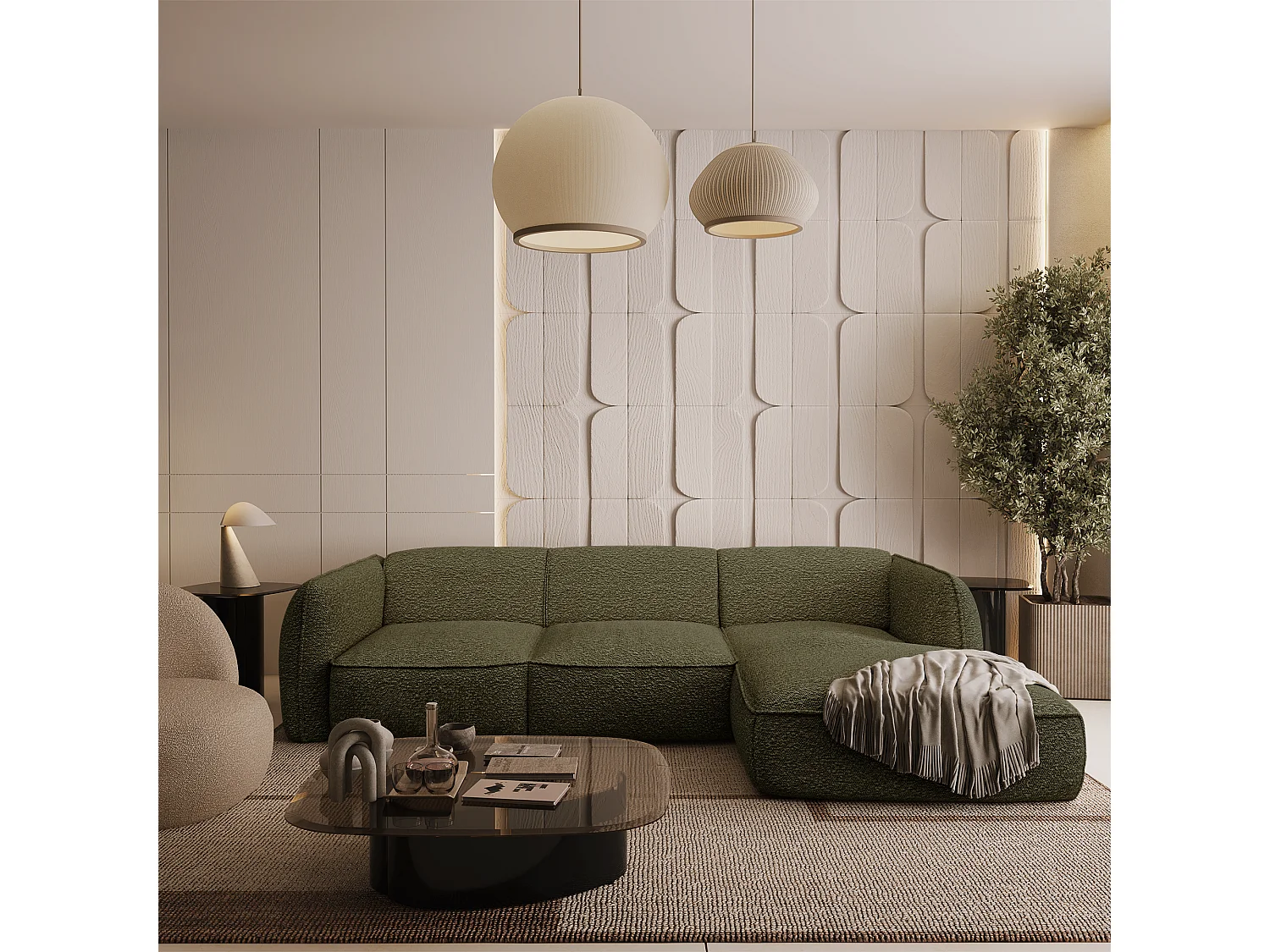 Canapé d'angle droit bouclette vert olive LIVIA