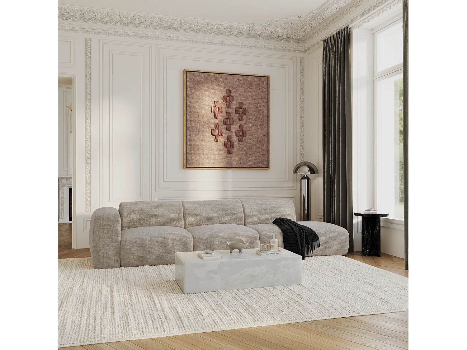 Canapé gauche 5 places velours à motifs beige 310cm MYRA