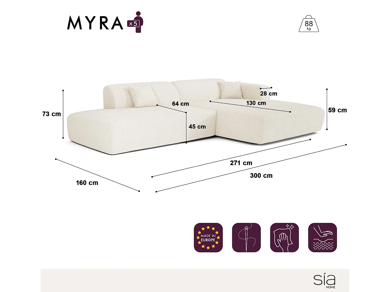 Canapé d'angle droit 5 places en tissu beige MYRA