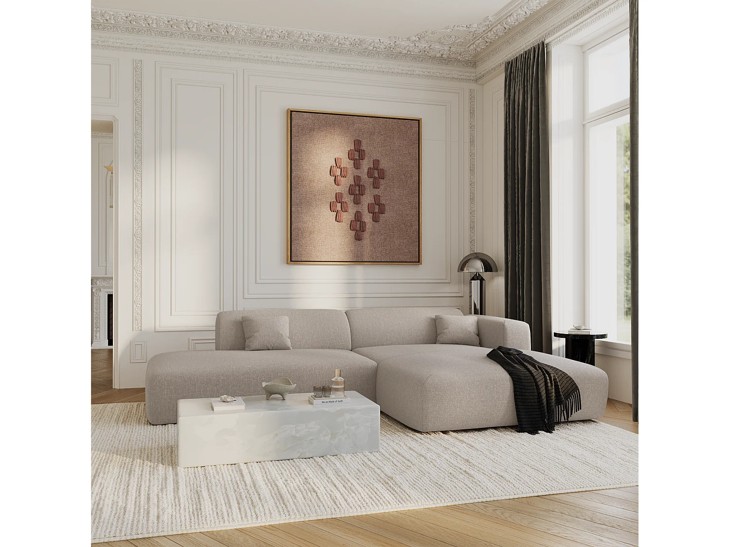 Canapé angle droit ouvert tissu tramé beige 5 places MYRA