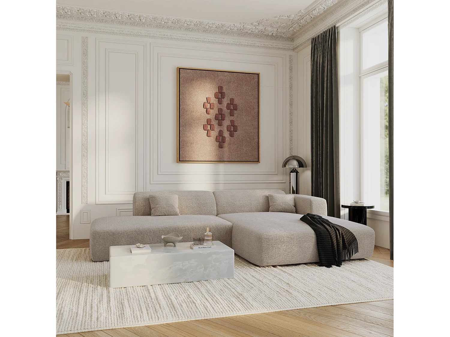 Canapé angle droit ouvert velours à motifs beige 5 places MYRA