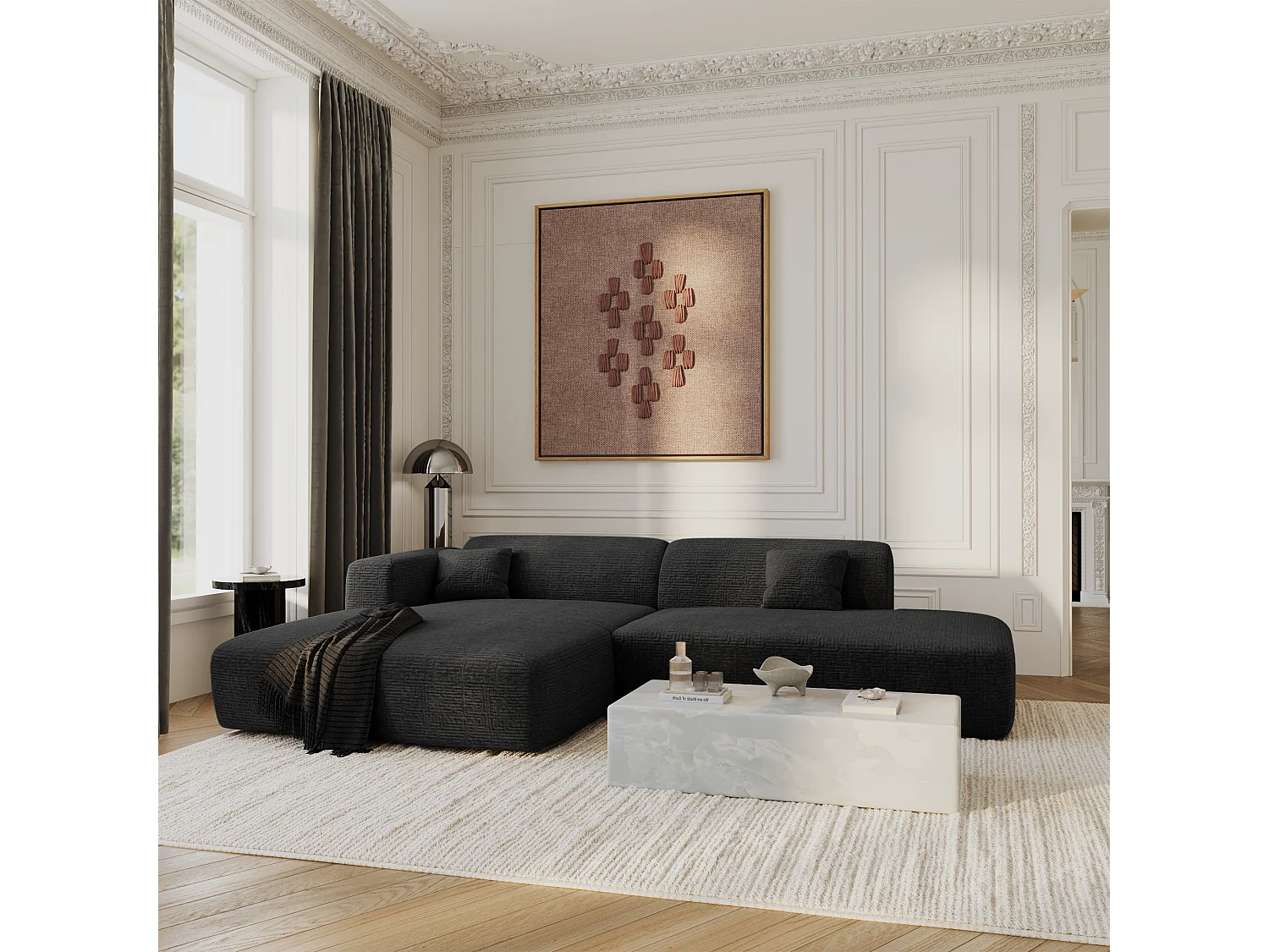 Canapé angle gauche ouvert velours à motifs anthracite foncé 5 places MYRA