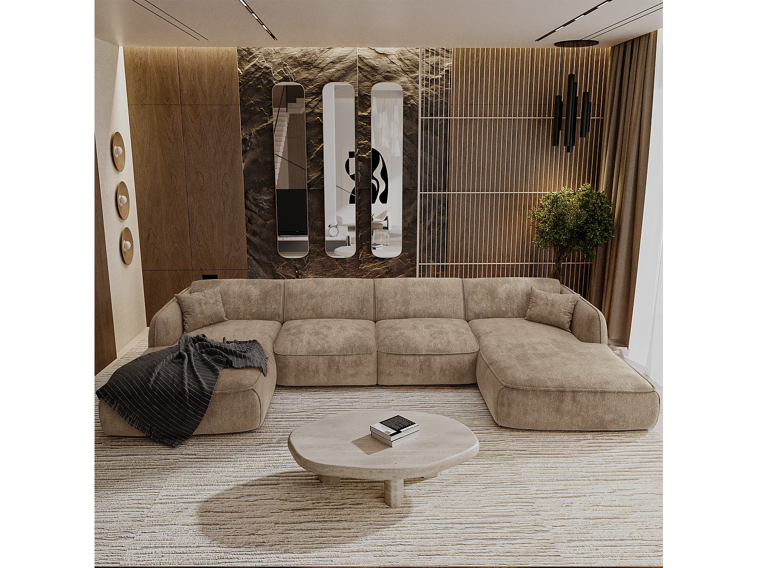 Canapé panoramique 7 places velours tramé taupe  LIVIA