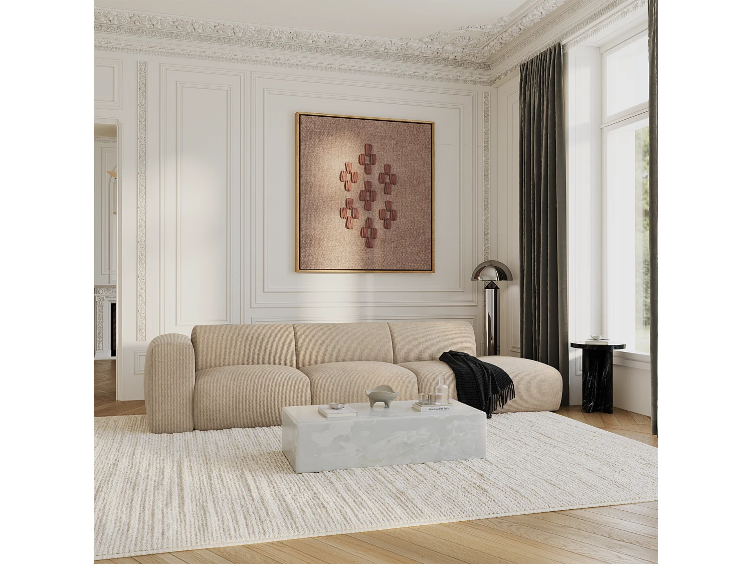 Canapé gauche 5 places velours côtelé beige 310cm MYRA