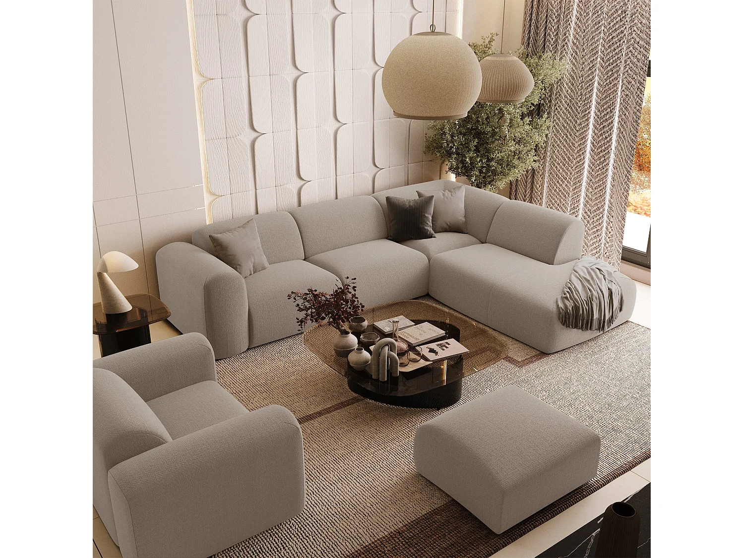 Canapé grand angle droit 5 places tissu tramé beige MYRA