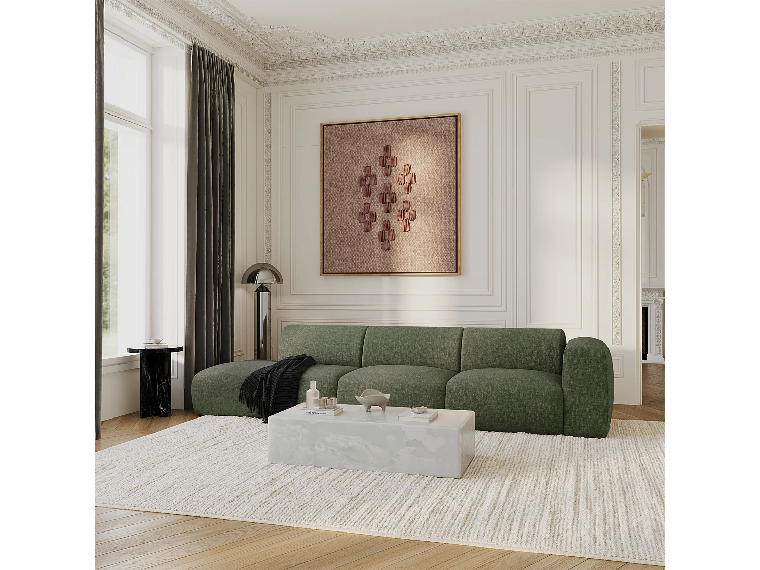 Canapé droit 5 places tissu tramé vert olive 310cm MYRA