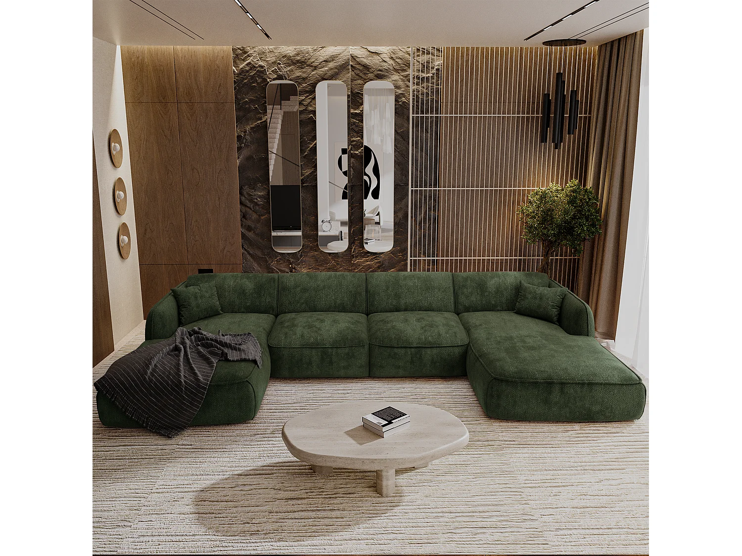 Canapé panoramique 7 places velours tramé vert olive LIVIA