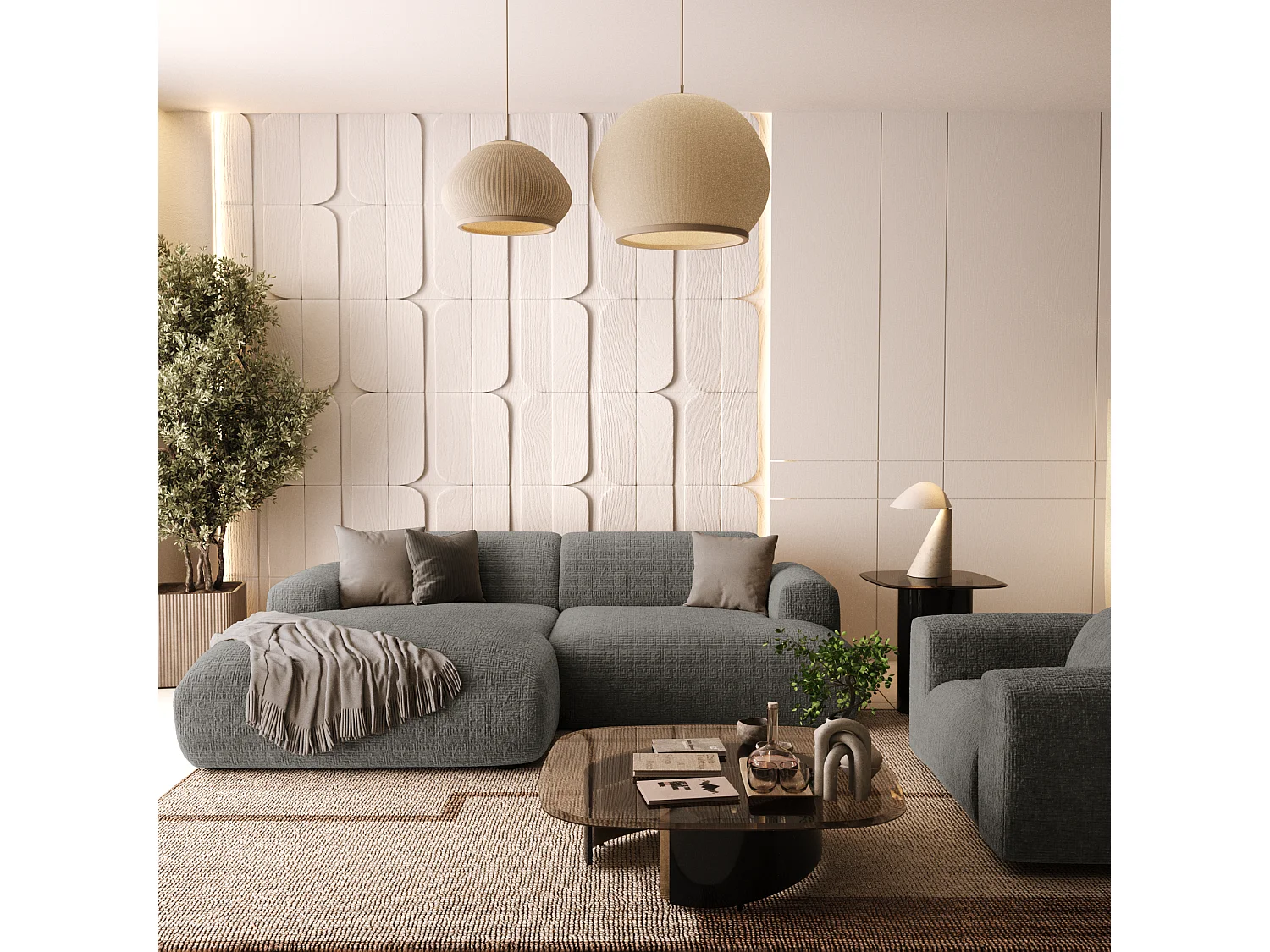 Canapé d'angle gauche 4 places velours à motifs gris 266cm MYRA