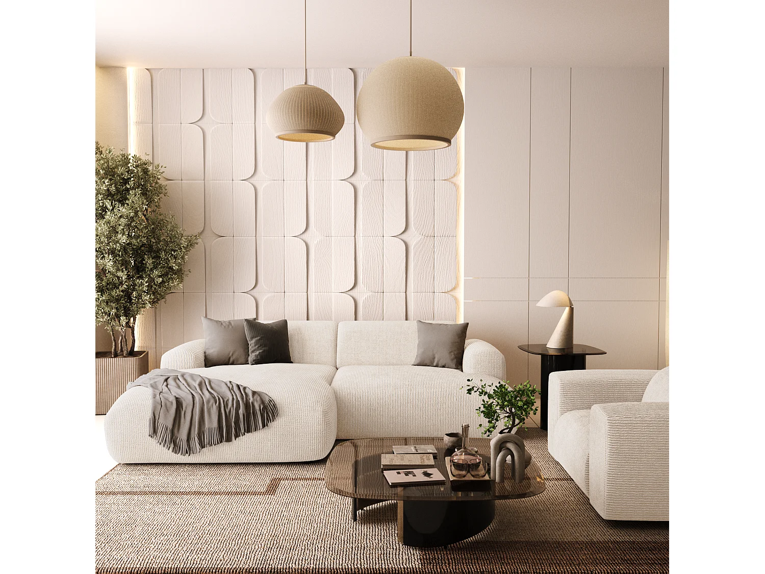 Canapé d'angle gauche 4 places velours côtelé crème 266cm MYRA