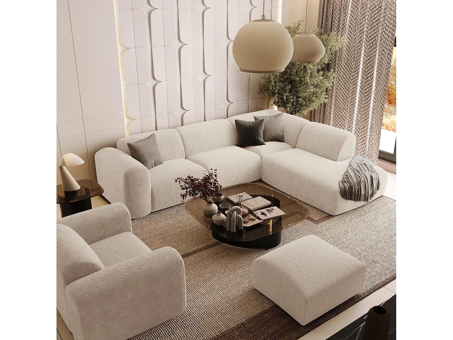 Canapé 5 places grand angle droit velours à motifs crème MYRA