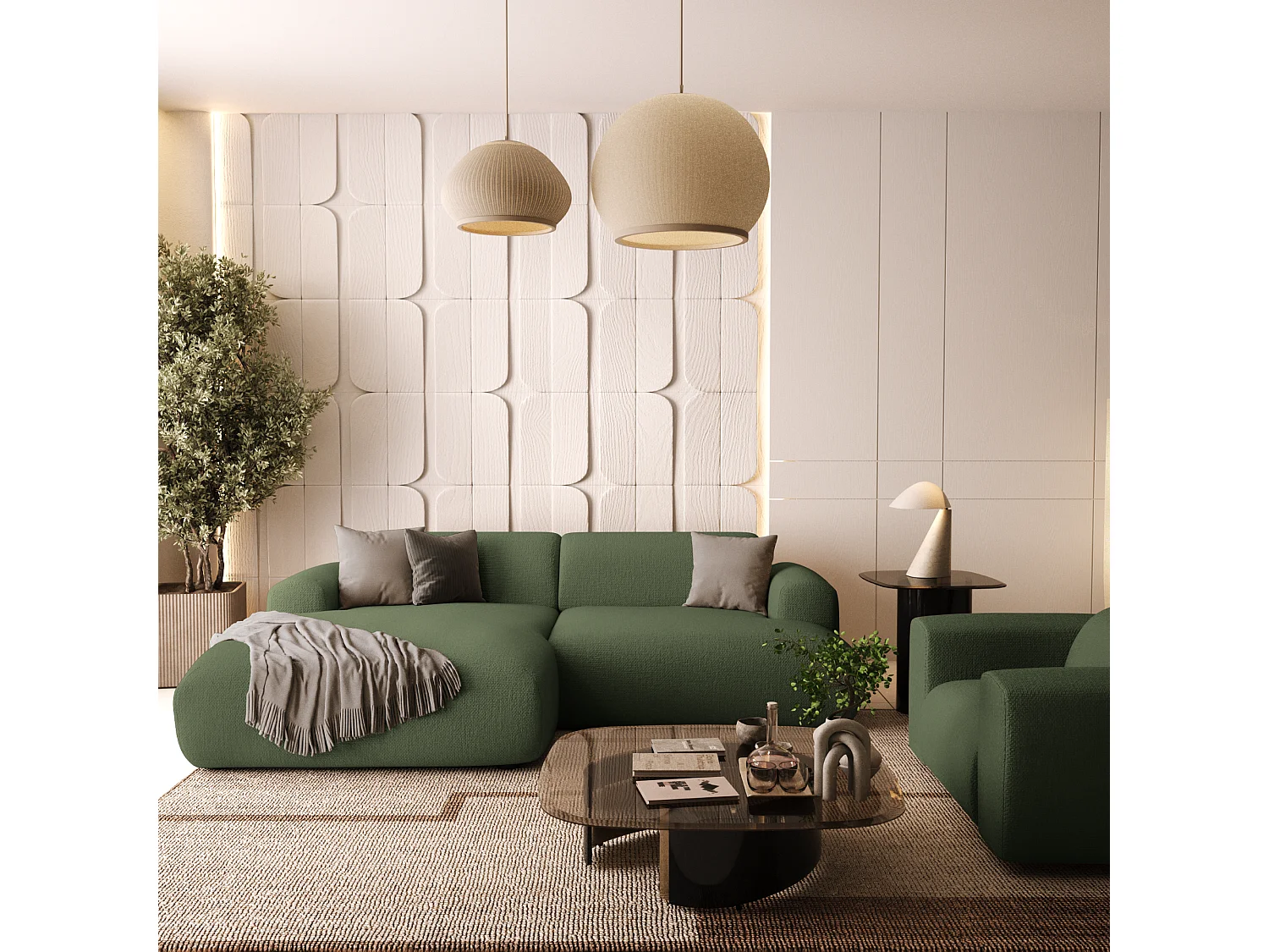 Canapé d'angle gauche MYRA 4 places en tissu tramé vert olive