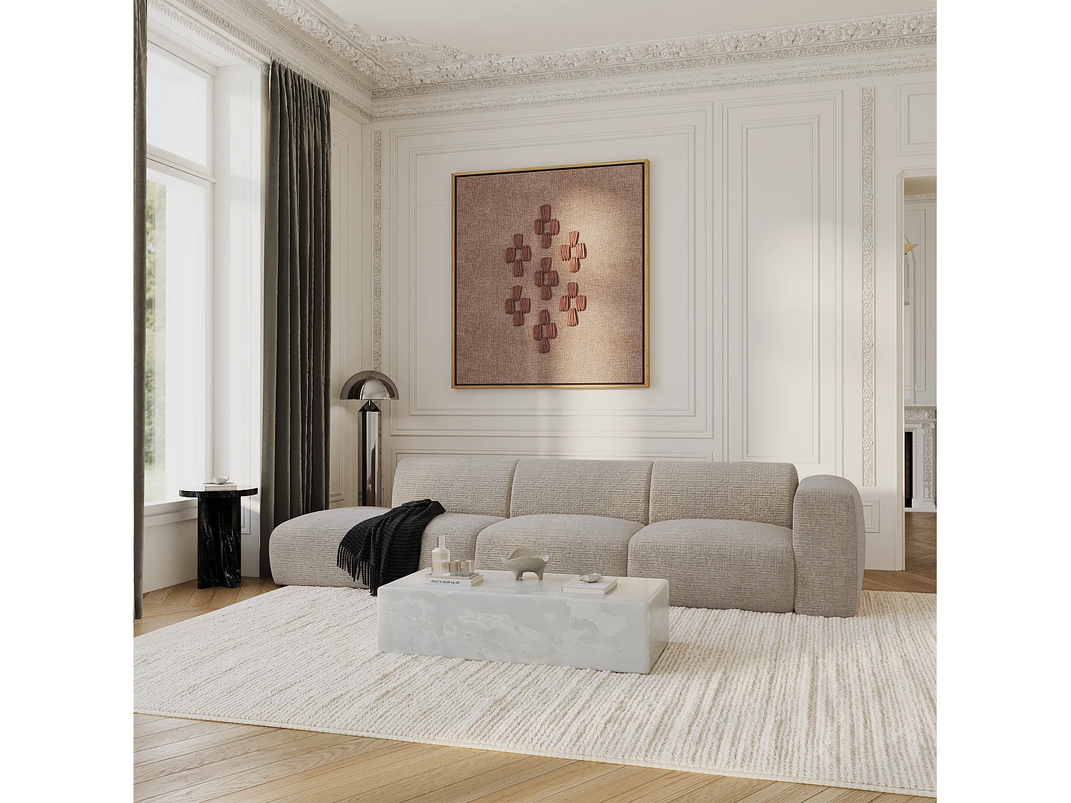 Canapé droit 310cm 5 places MYRA en velours à motifs beige