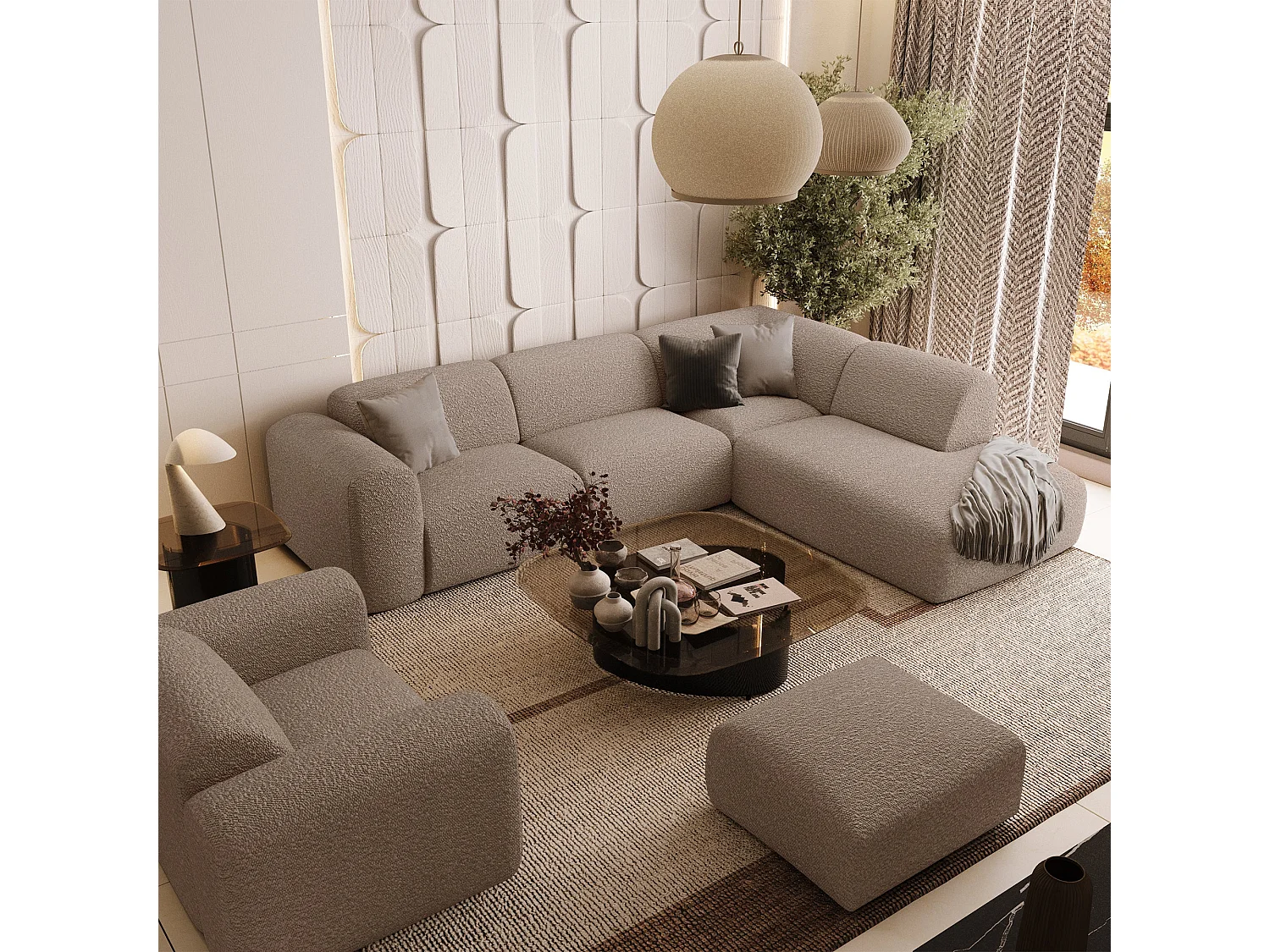 Canapé grand angle droit  5 places MYRA en tissu bouclette taupe