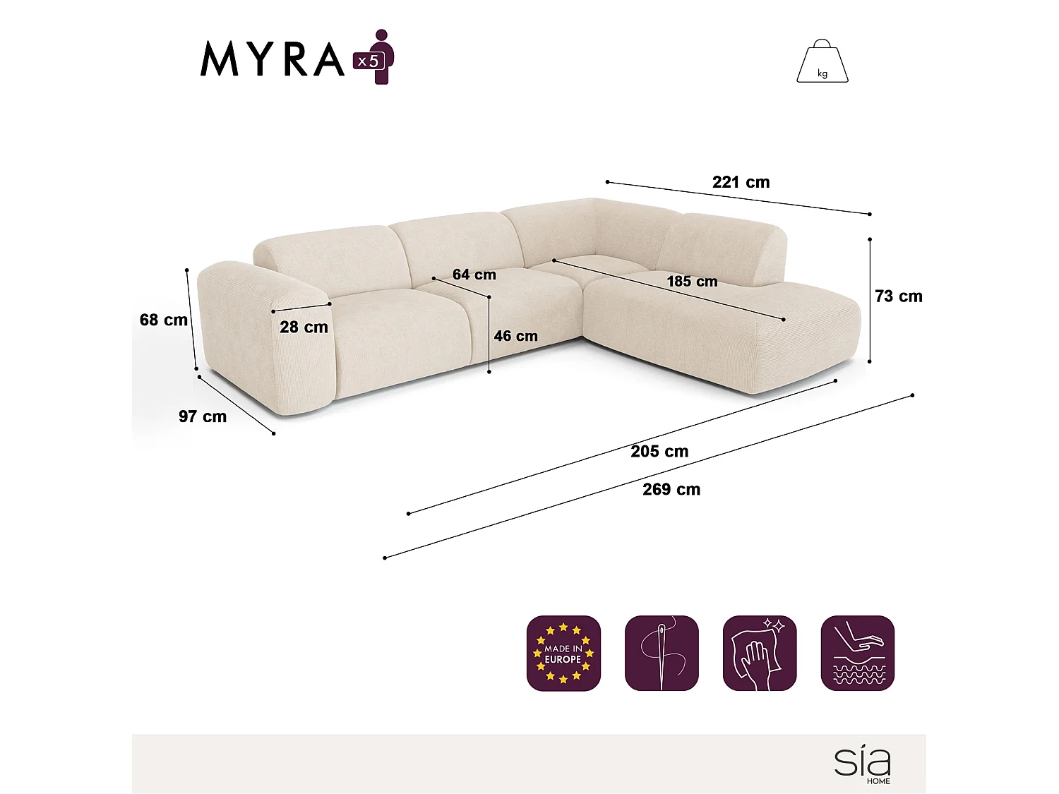 Canapé d'angle droit 5 places en tissu bouclette taupe MYRA