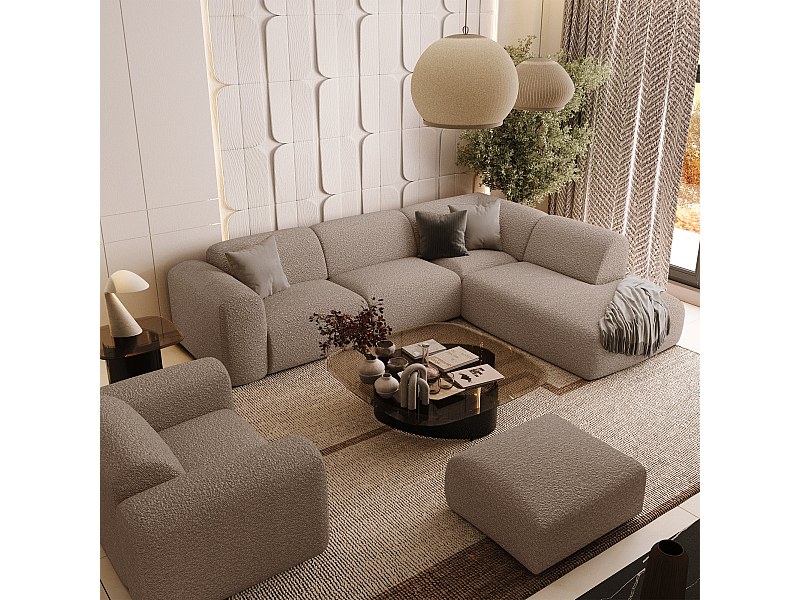 Canapé grand angle droit 5 places MYRA en tissu bouclette taupe