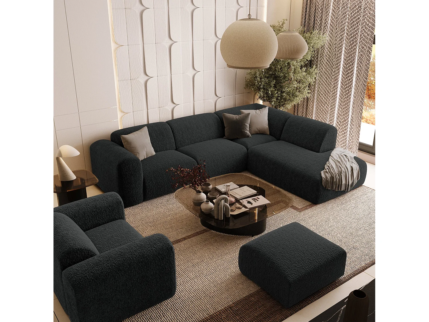 Canapé 5 places grand angle droit velours à motifs noir MYRA