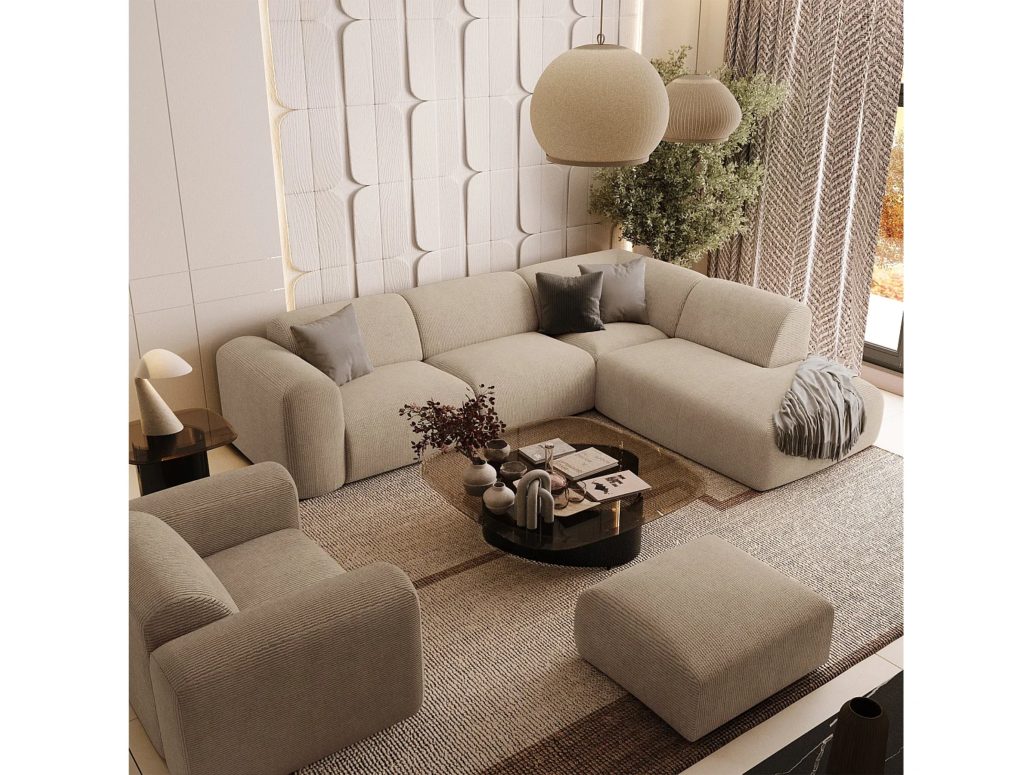 Canapé 5 places grand angle droit velours côtelé beige MYRA