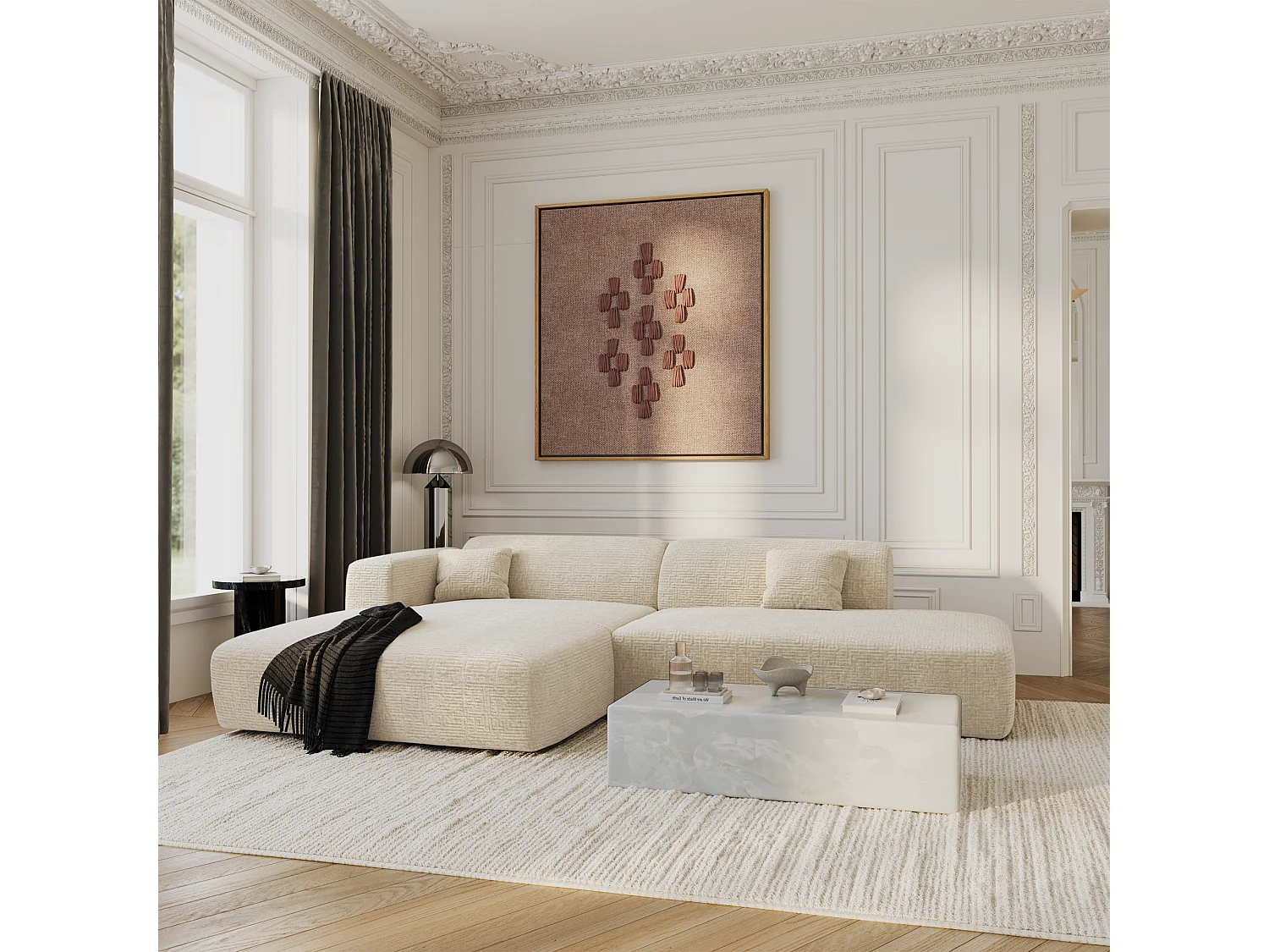 Canapé angle gauche ouvert velours à motifs crème 5 places MYRA