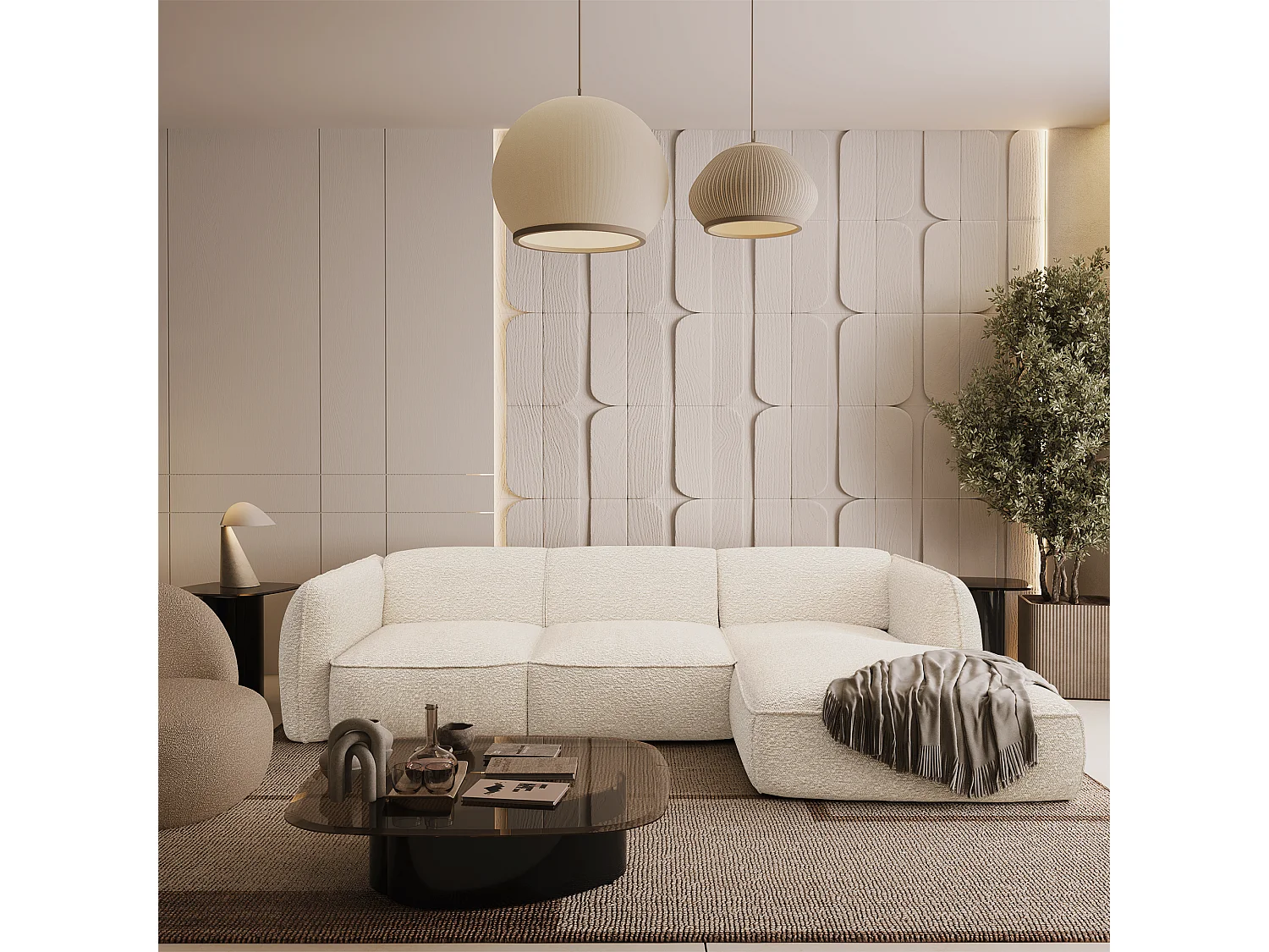 Canapé d'angle droit bouclette crème LIVIA