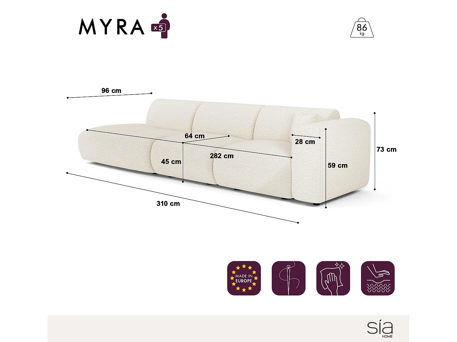 Canapé droit 5 places velours à motifs anthracite foncé 310cm MYRA