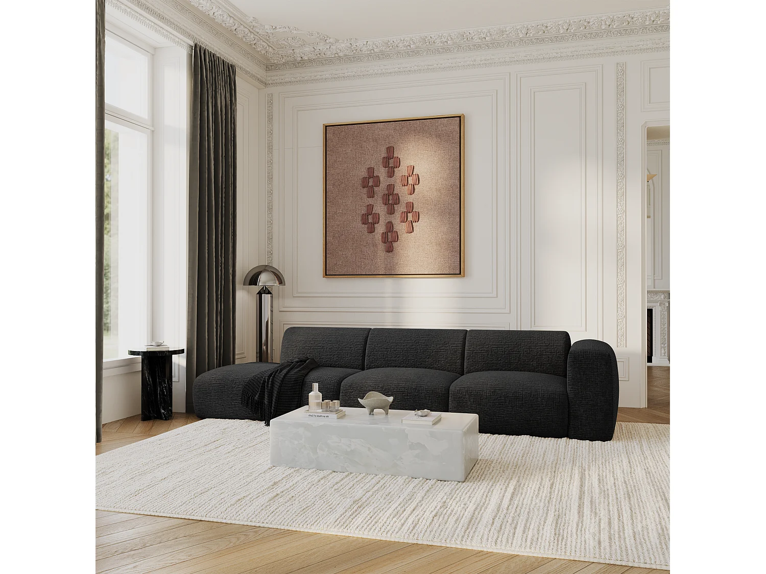 Canapé droit 5 places velours à motifs anthracite foncé 310cm MYRA