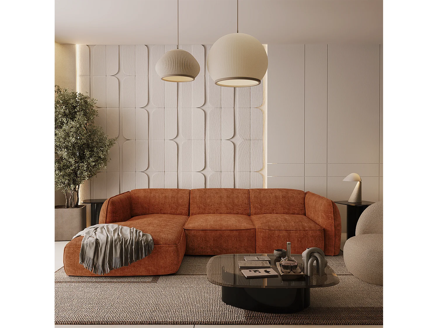 Canapé d'angle gauche velours tramé terracotta LIVIA