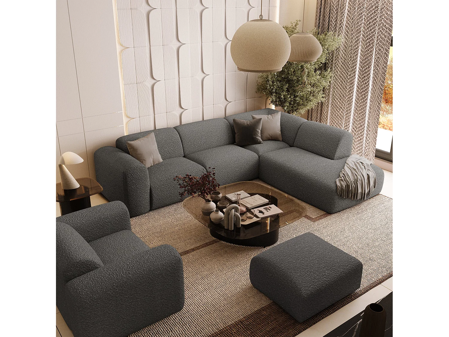 Canapé grand angle droit  5 places MYRA en tissu bouclette gris graphite