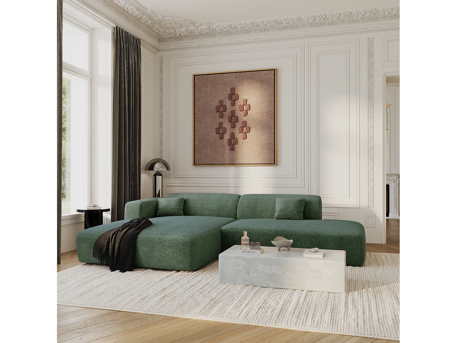 Canapé angle gauche ouvert velours à motifs vert émeraude 5 places MYRA