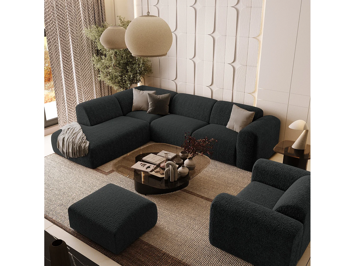 Canapé 5 places grand angle gauche velours à motifs noir MYRA