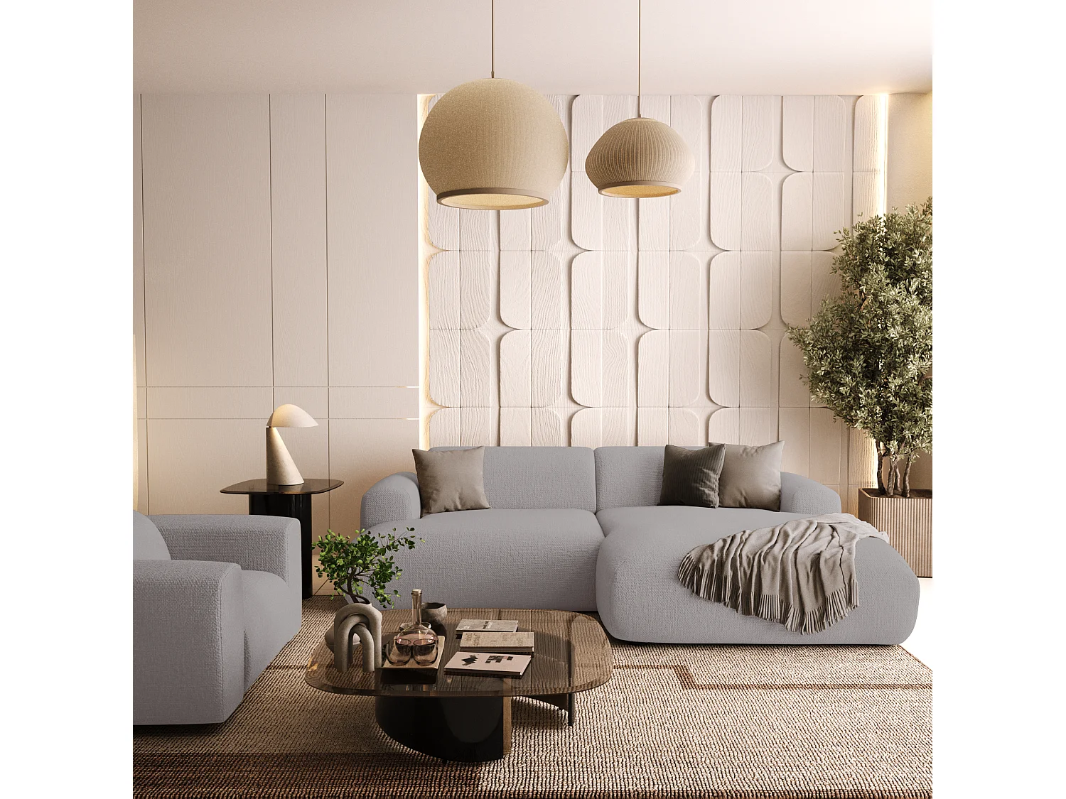 Canapé d'angle droit 4 places tissu tramé gris clair 266cm MYRA