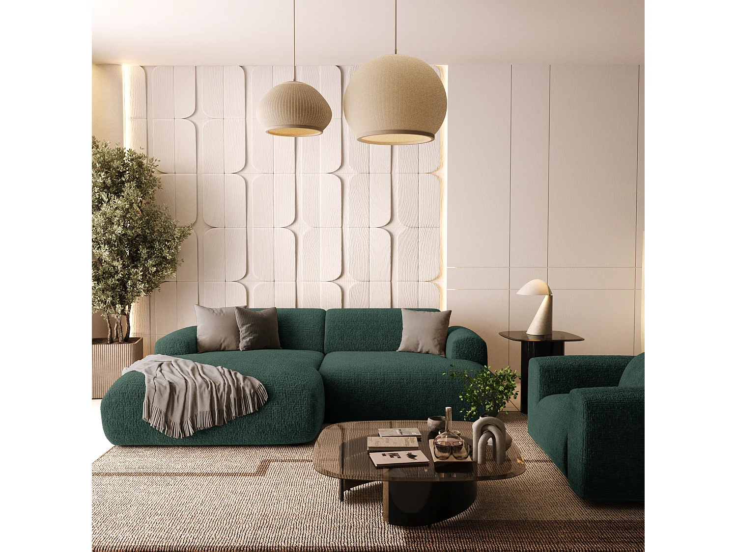 Canapé d'angle gauche 4 places velours à motifs vert émeraude 266cm MYRA