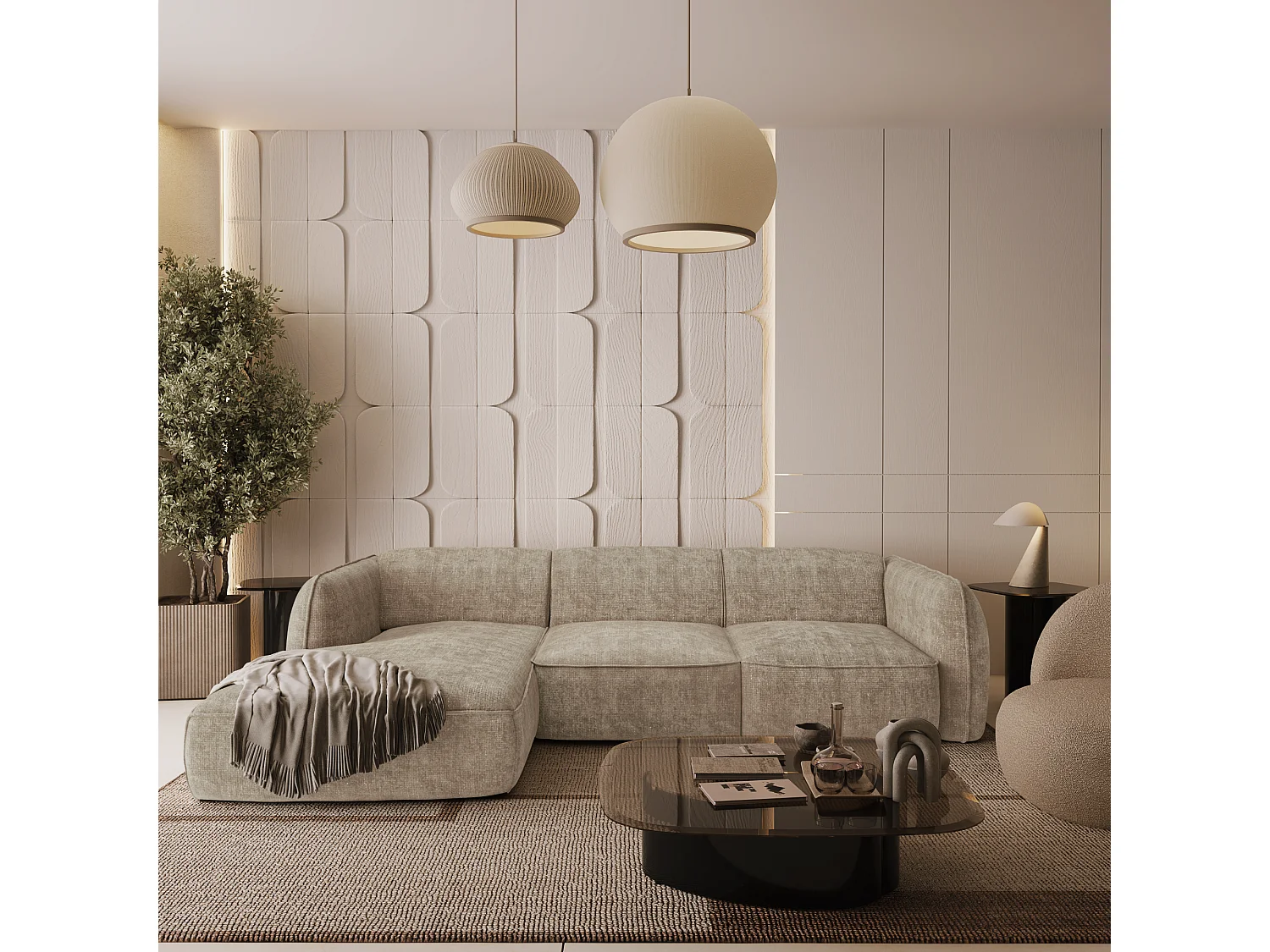 Canapé d'angle gauche velours tramé taupe LIVIA