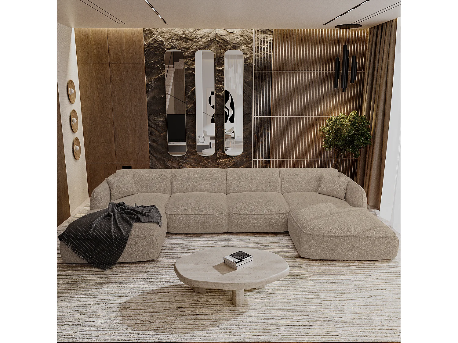 Canapé panoramique 7 places bouclette taupe  LIVIA