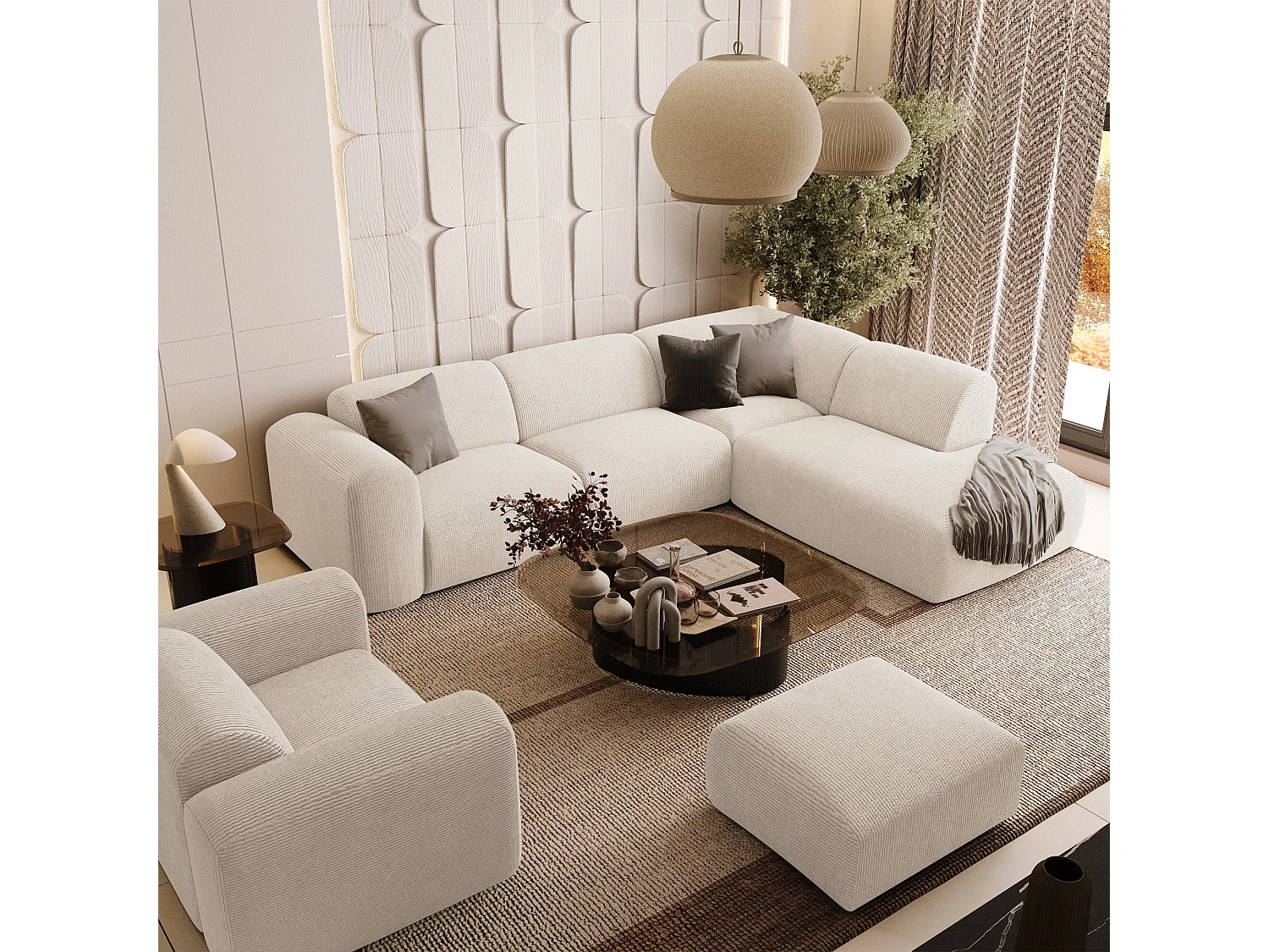 Canapé 5 places grand angle droit velours côtelé crème MYRA