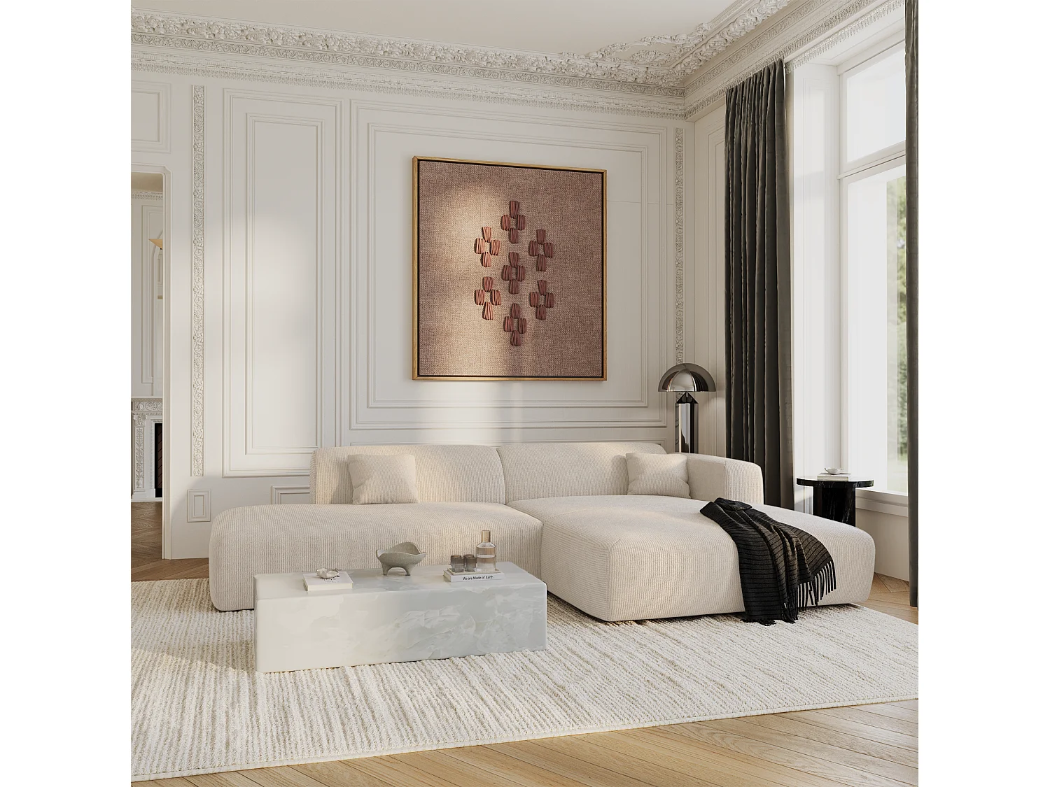 Canapé angle droit ouvert velours côtelé crème 5 places MYRA