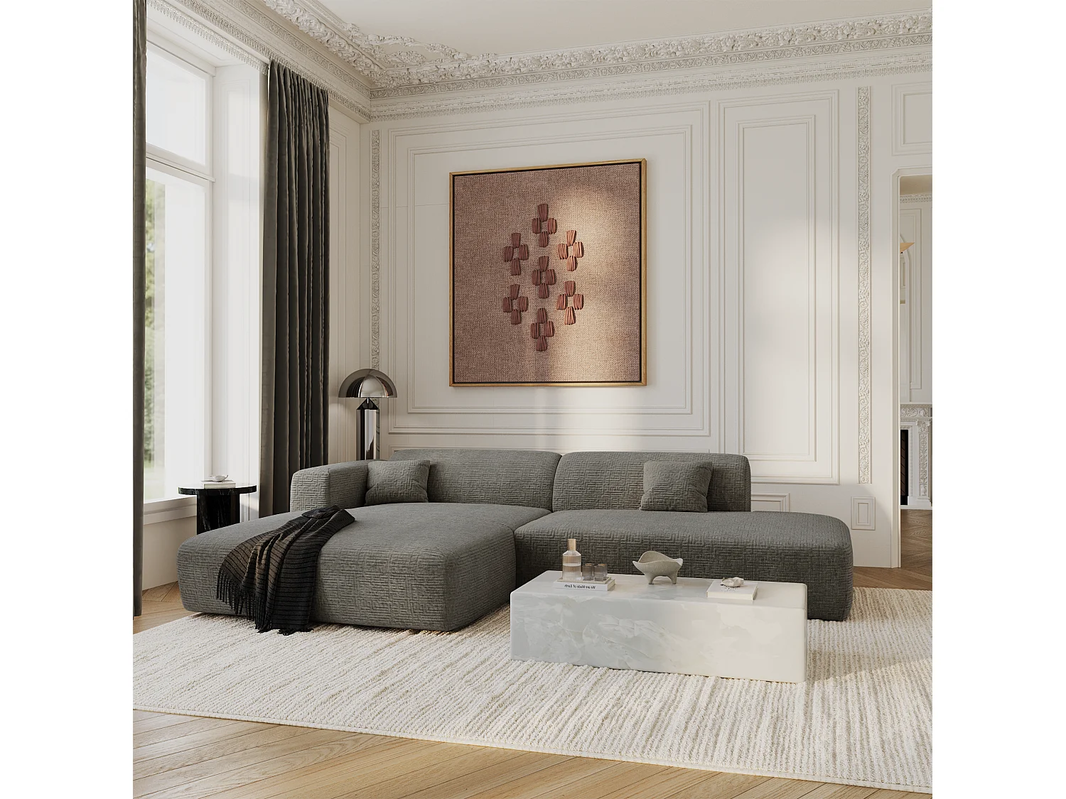 Canapé angle gauche ouvert velours à motifs gris 5 places MYRA