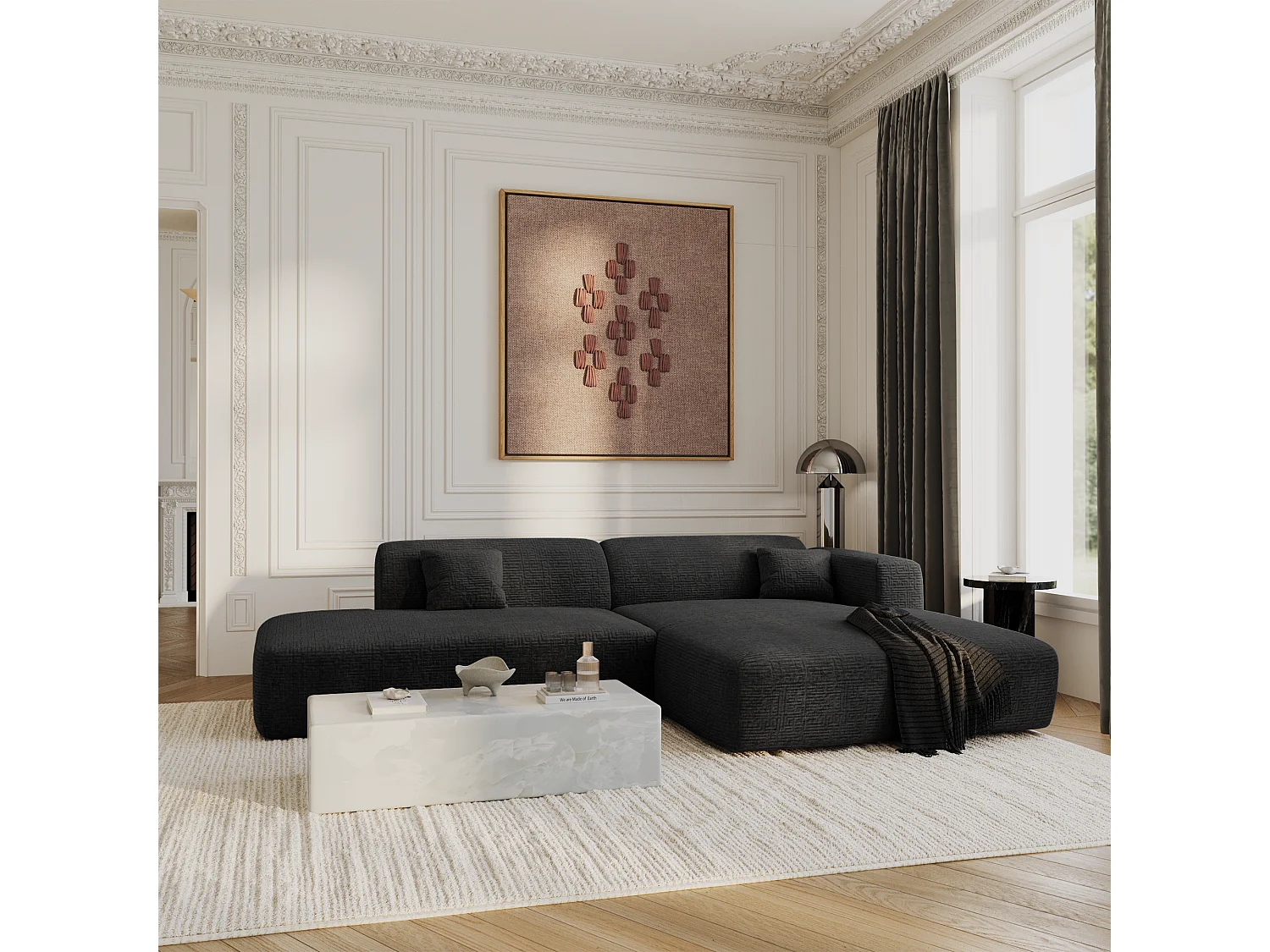 Canapé angle droit ouvert velours à motifs anthracite foncé 5 places MYRA