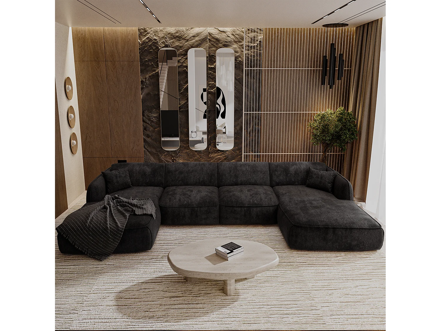 Canapé panoramique 7 places velours tramé noir LIVIA