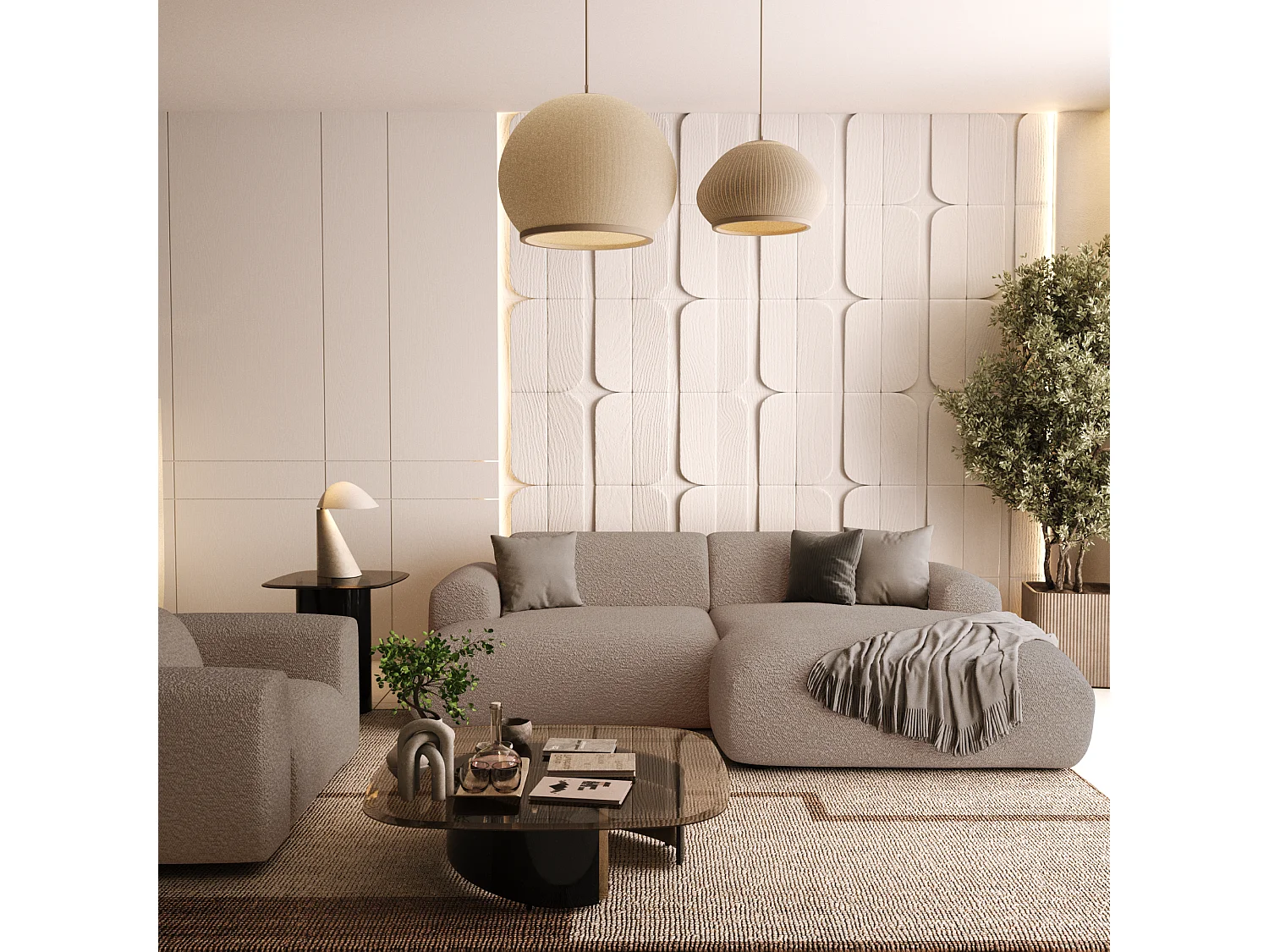 Canapé d'angle droit 4 places bouclette taupe 266cm MYRA