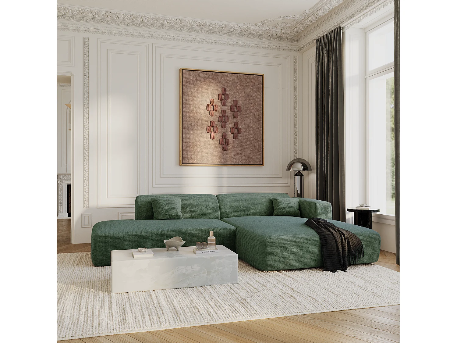 Canapé angle droit ouvert velours à motifs vert émeraude 5 places MYRA