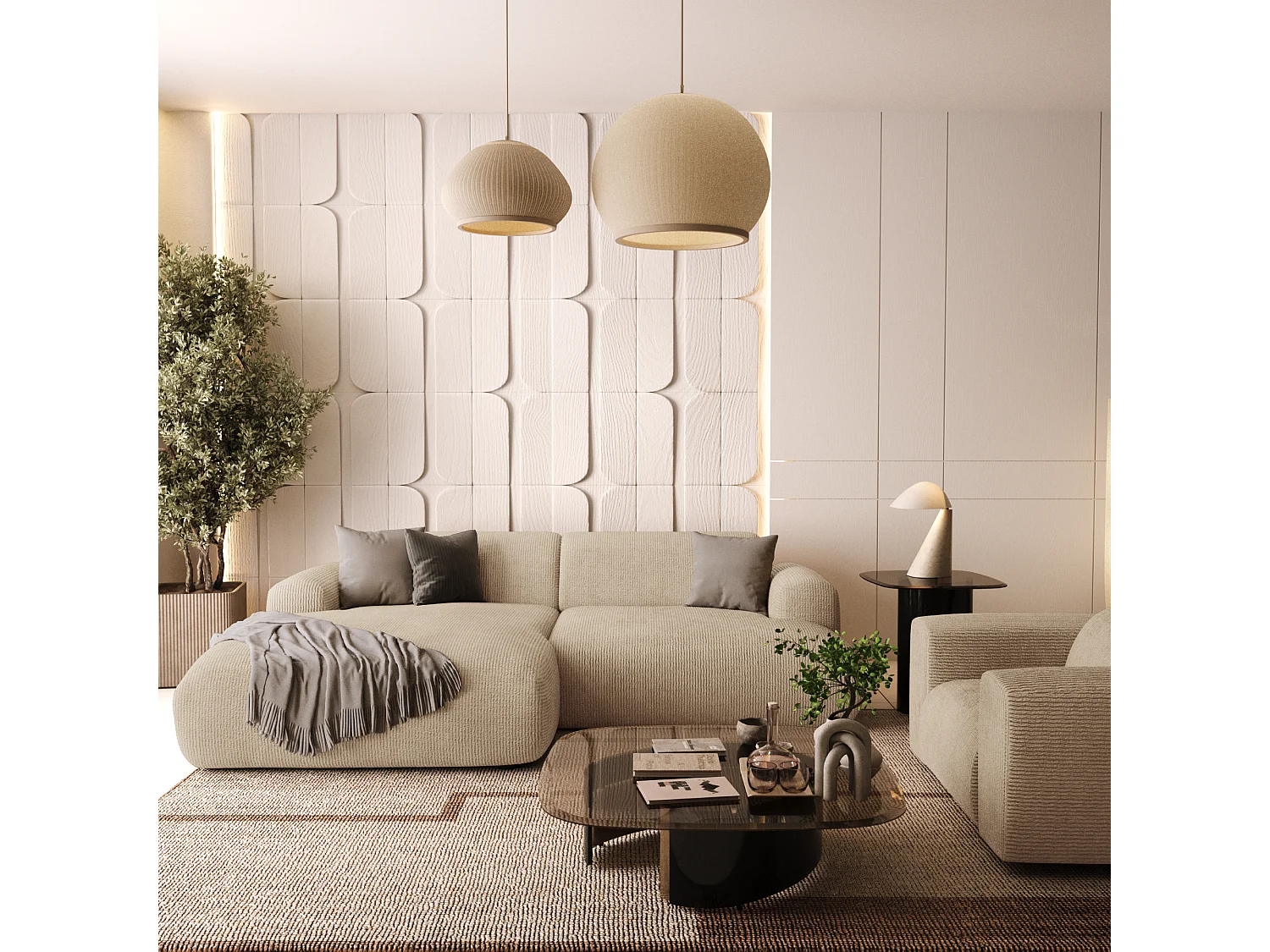 Canapé d'angle gauche 4 places velours côtelé beige 266cm MYRA