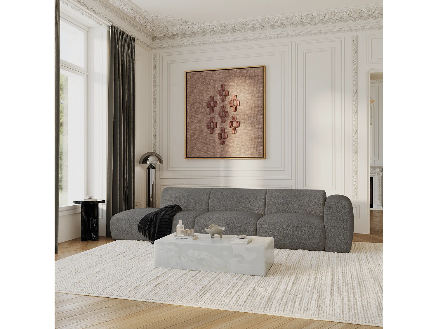 Canapé droit 5 places bouclette gris graphite 310cm MYRA