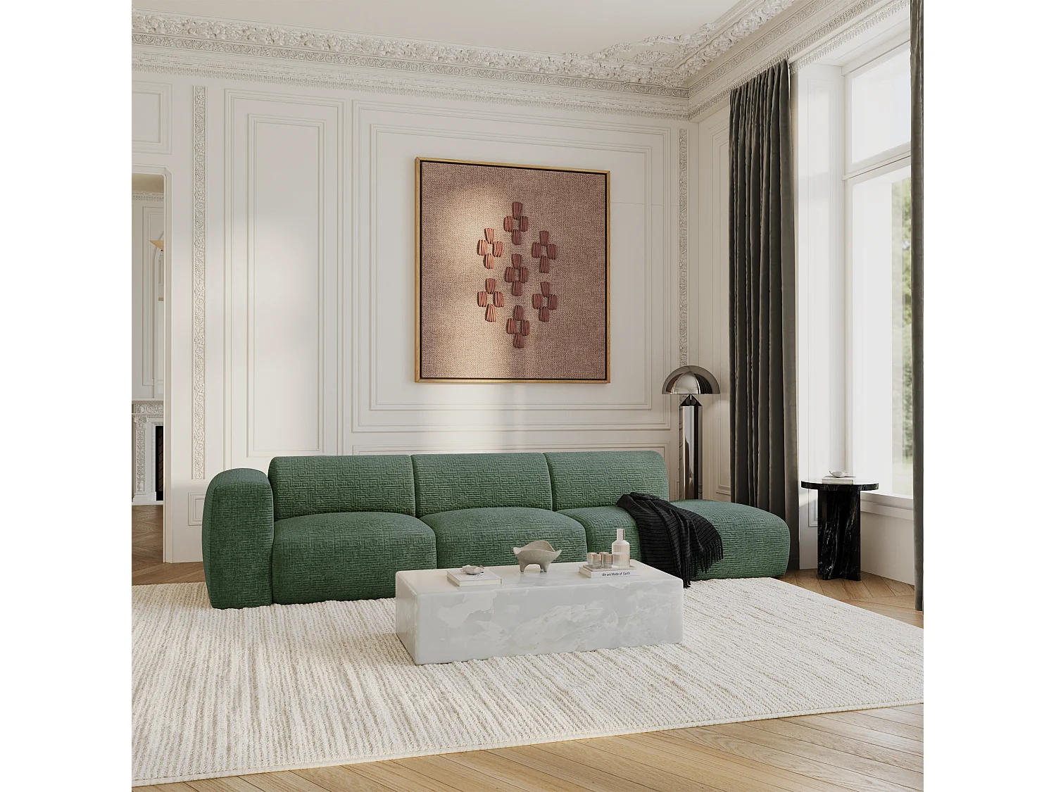 Canapé gauche 5 places velours à motifs vert émeraude 310cm MYRA