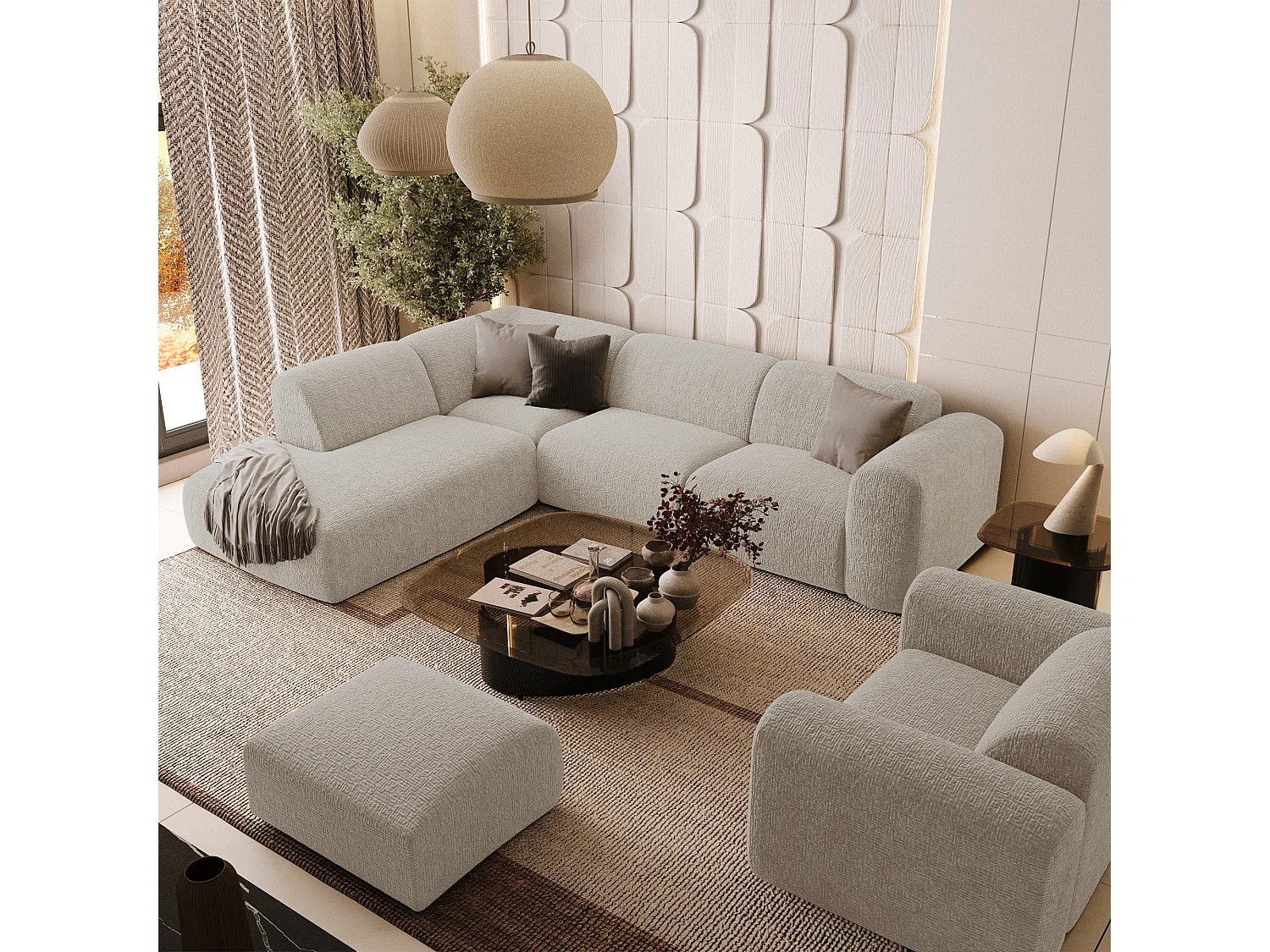 Canapé 5 places grand angle gauche velours à motifs beige MYRA