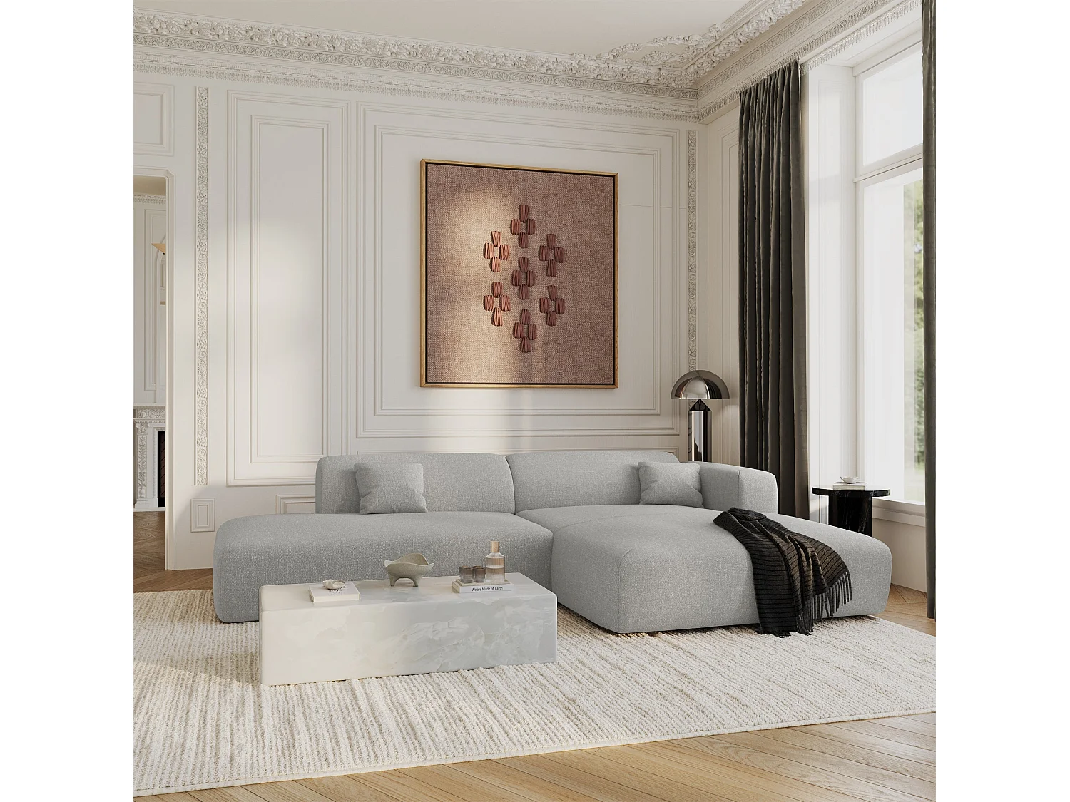Canapé d'angle droit 5 places en tissu gris clair MYRA