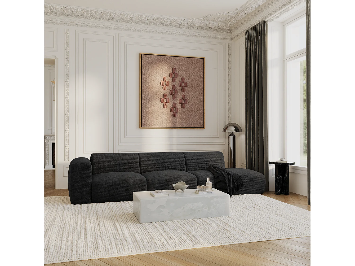 Canapé gauche 5 places velours à motifs anthracite foncé 310cm MYRA